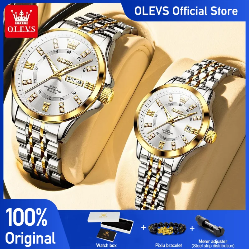 OLEVS 3620 Couple Watches Business Original Waterproof Luminous Quartz Watch Dual Calendar Display Wristwatch For Men And Women