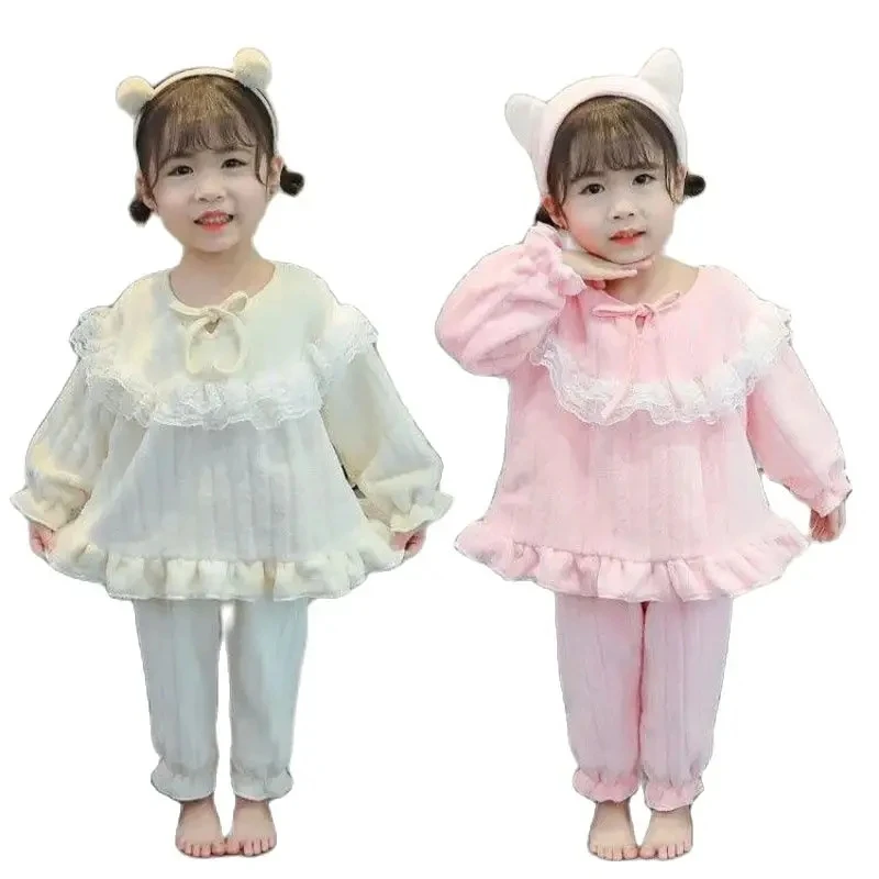 2 Pieces Set Autumn Winter Toddler Clothing Flannel Princess Pajamas Soft Comfortable Girls Baby Sleepwear Suit Lace Tops Pants