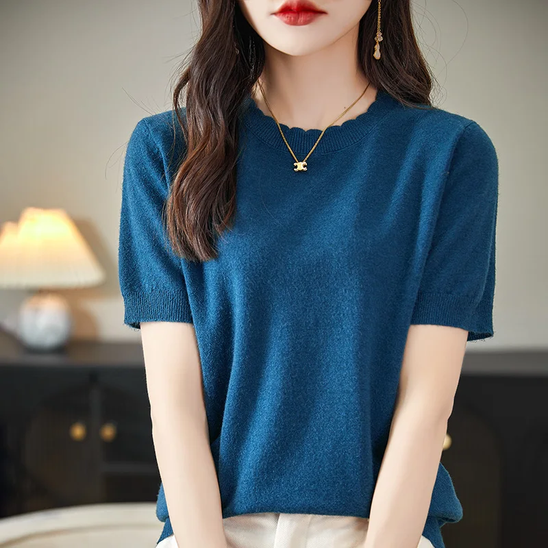 2024 Spring/Summer Women\'s Short sleeved Women\'s Cashmere Sweater Pullover Tank Top T-shirt Knitted Bottom Sweater Pullover