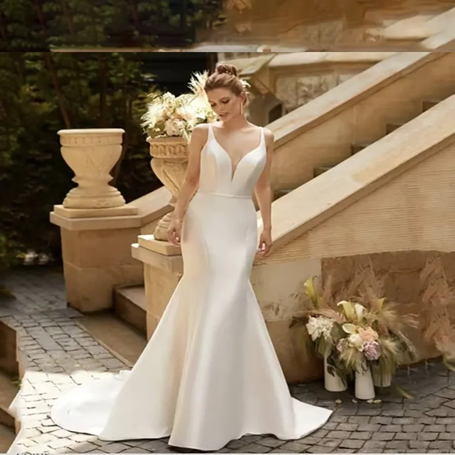 Vestido de novia elegante con cuello en V y tirantes finos sin espalda con cinturón sirena alta calidad Sexy nupcial para vestidos de boda de la iglesia