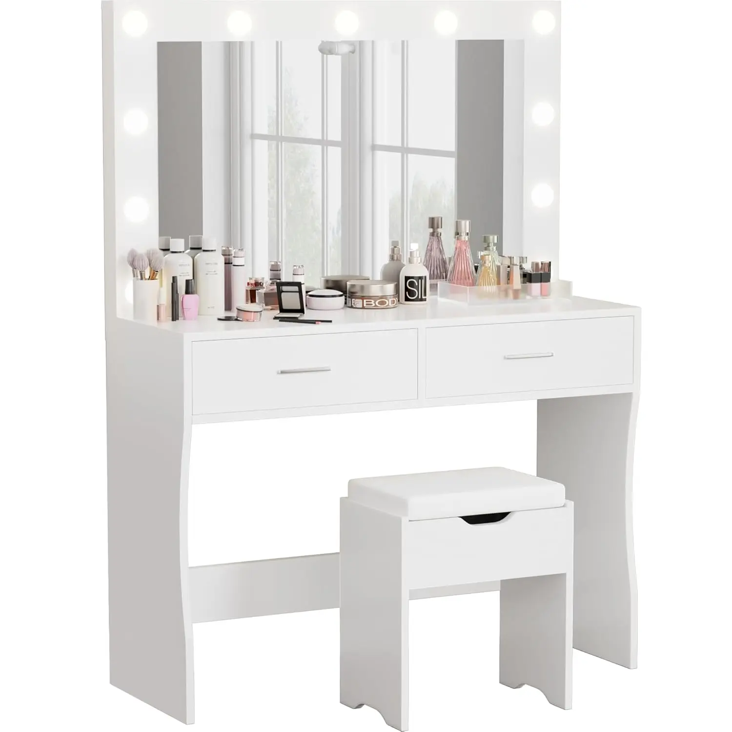 

Vanity Desk Set with Large Lighted Mirror,Makeup Vanity Table with 2 Drawers,Cushioned Storage Stool,3 Lighting Modes,Customized