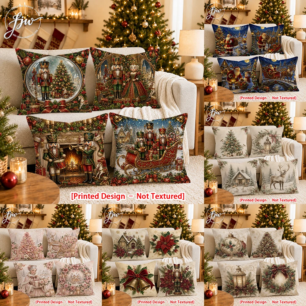 [Printed Design – Not Textured]-4pcs Christmas Vintage Nutcracker Throw Pillow Covers New Year party decoration cushion Cover