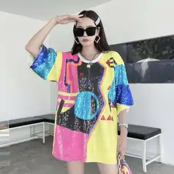 #0207 Funny T Shirt Women Short Sleeve Loose Streetwear Long T Shirt Female Hip Hop Sequined Women's T-shirt O-neck Summer
