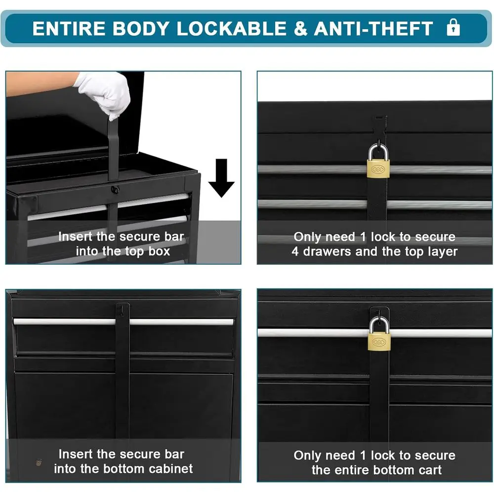 5 Drawer Rolling Tool Chest with Detachable Workbench, Lockable, for Garage, Workshop, Auto Repair - Black