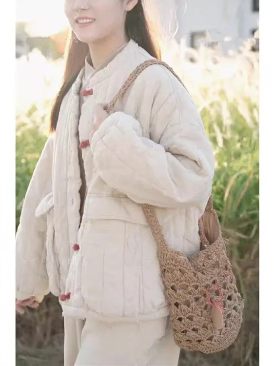 Bawełniana flanela lub płaszcz Odzież damska Bawełniana kurtka puchowa Nowa chińska stylizacja Zimowa ocieplana długa kurtka z wysokim kołnierzem