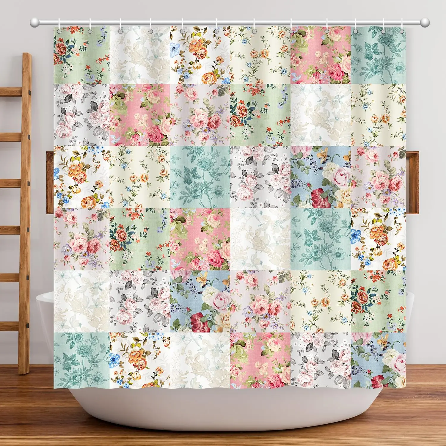 Boho Shower Curtain Patchwork Floral, Vintage Flowers Shower Curtain for Bathroom, Retro Shabby Chic Cottagecore Floral Shower Curtains Polyester Waterproof Farmhouse Decor Bath Curtains