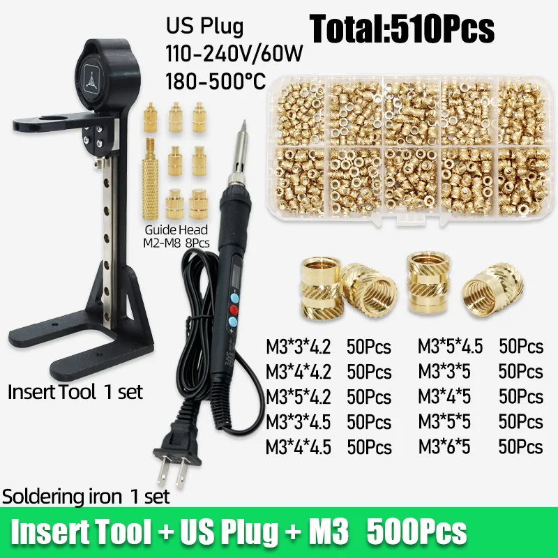Messing-Einsatzmutter mit Gewinde, 3D-Druckwerkzeug, M2, M3, M4, M5, Heat-Set, Einfügung, Lötkolben-Set, Hot-Melt-Rändelmutter für Kunststoff-PC