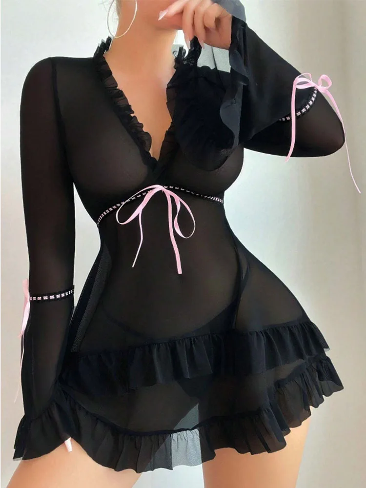 

Romance Bodycon Short Dress Women Sexy Lingerie Erotic Sheer Pajamas Cake Dress Vintage Home Lace-up Dressing Gowns Sexy Set