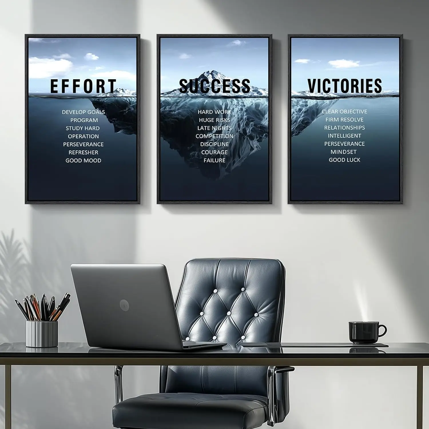 

Set of 3 Navy Blue Inspirational Iceberg Canvas Prints, Motivational Wall Art for Office Home Gym Decor, 16x24