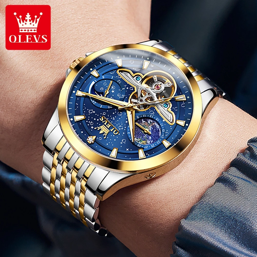 OLEVS 6705 Orologi da uomo Luxury Business Oro blu Orologio da polso meccanico automatico originale per uomo Movimento volano impermeabile