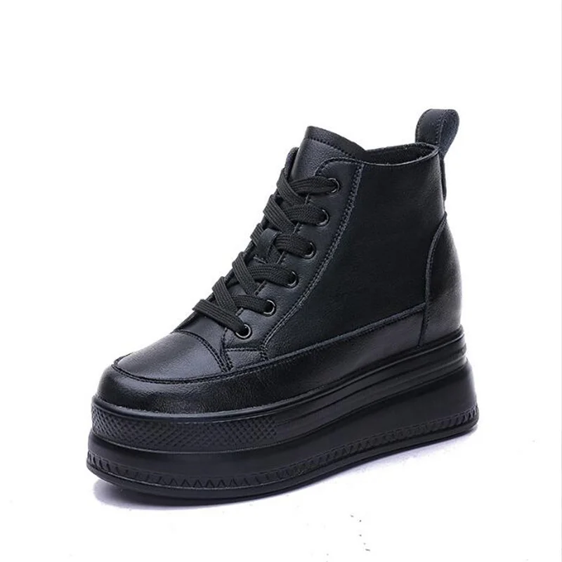 Women High Top Sneakers Platform Breathable Genuine Leather Shoes Spring Lady Wedges Casual Shoes For Woman Sports Dad Shoes 9CM