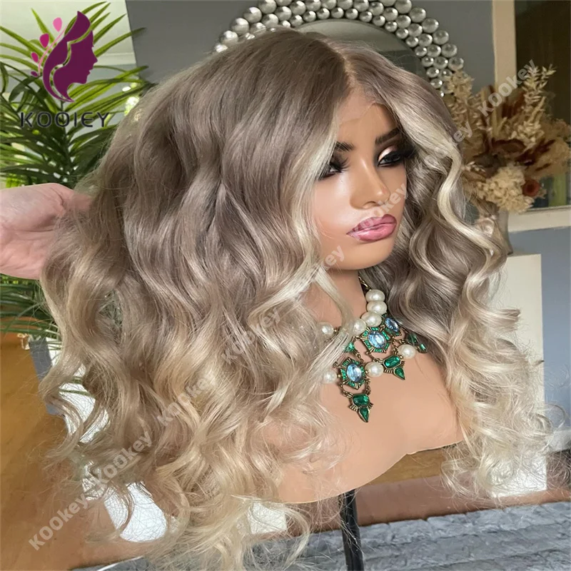 

13x4 Body Wave Brazilian Full Lace Wig Preplucked Ash Blonde Highlights Transparent Lace Frontal Human Hair Wig For Women