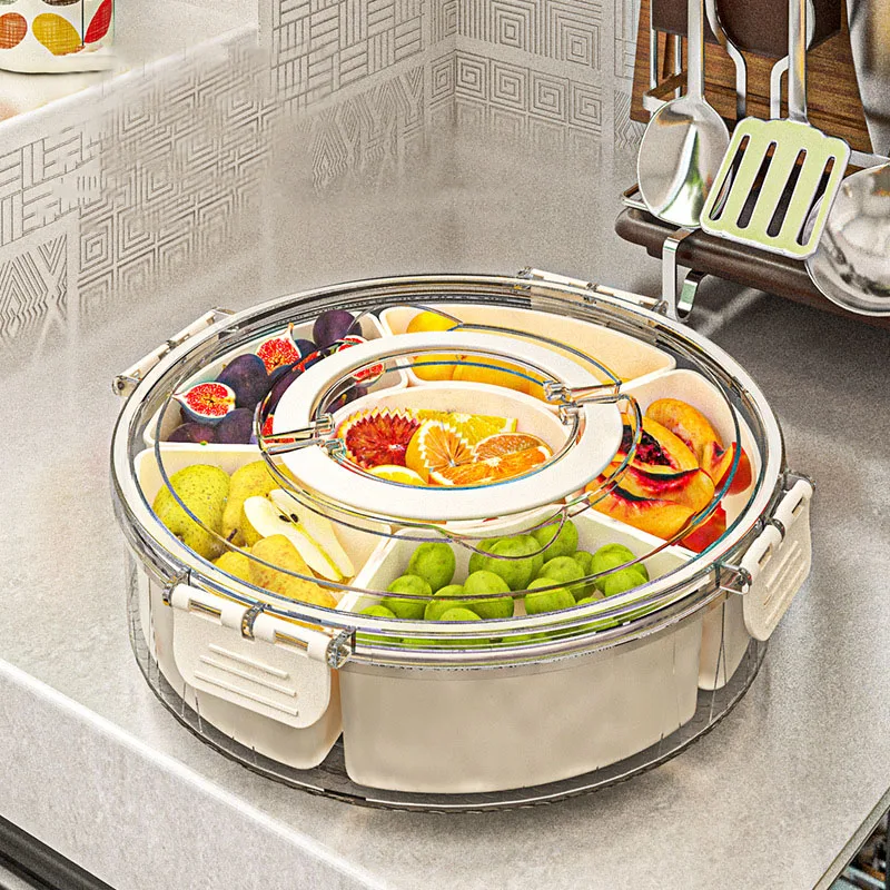 With Handle Six Division Rotating Fruit Tray Sealed Moisture-Proof Dry Fruit Tray Portable Modern Home Round Snack Box With Lid