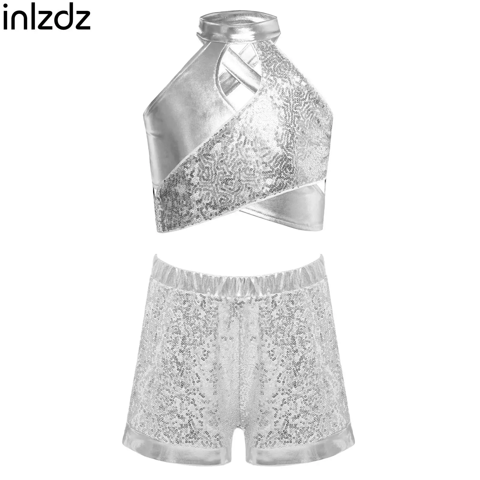 

Sleeveless Jazz Hip Hop Dance Sets Kids Girls Party Figure Skating Stage Performance Dance Wear Sequins Metallic Crop Top+Shorts