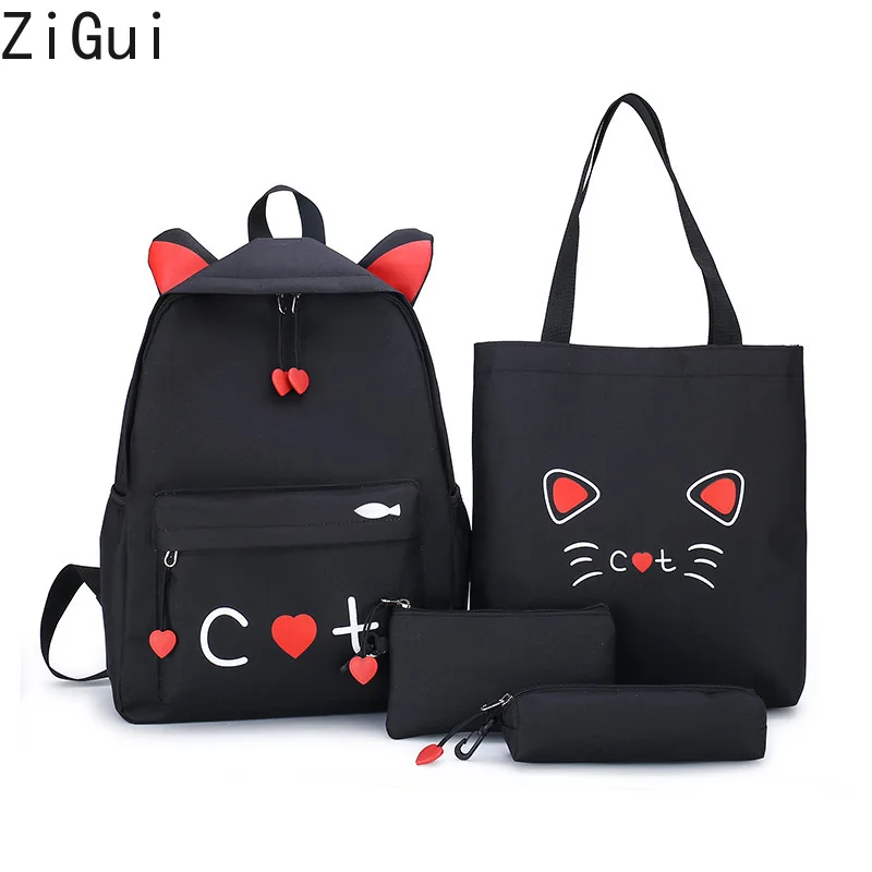 4Pcs Waterproof Backpack School Light Weight Trendy Climbing Travel Bag Women Middle School Student Canvas Cute Cat Backpack
