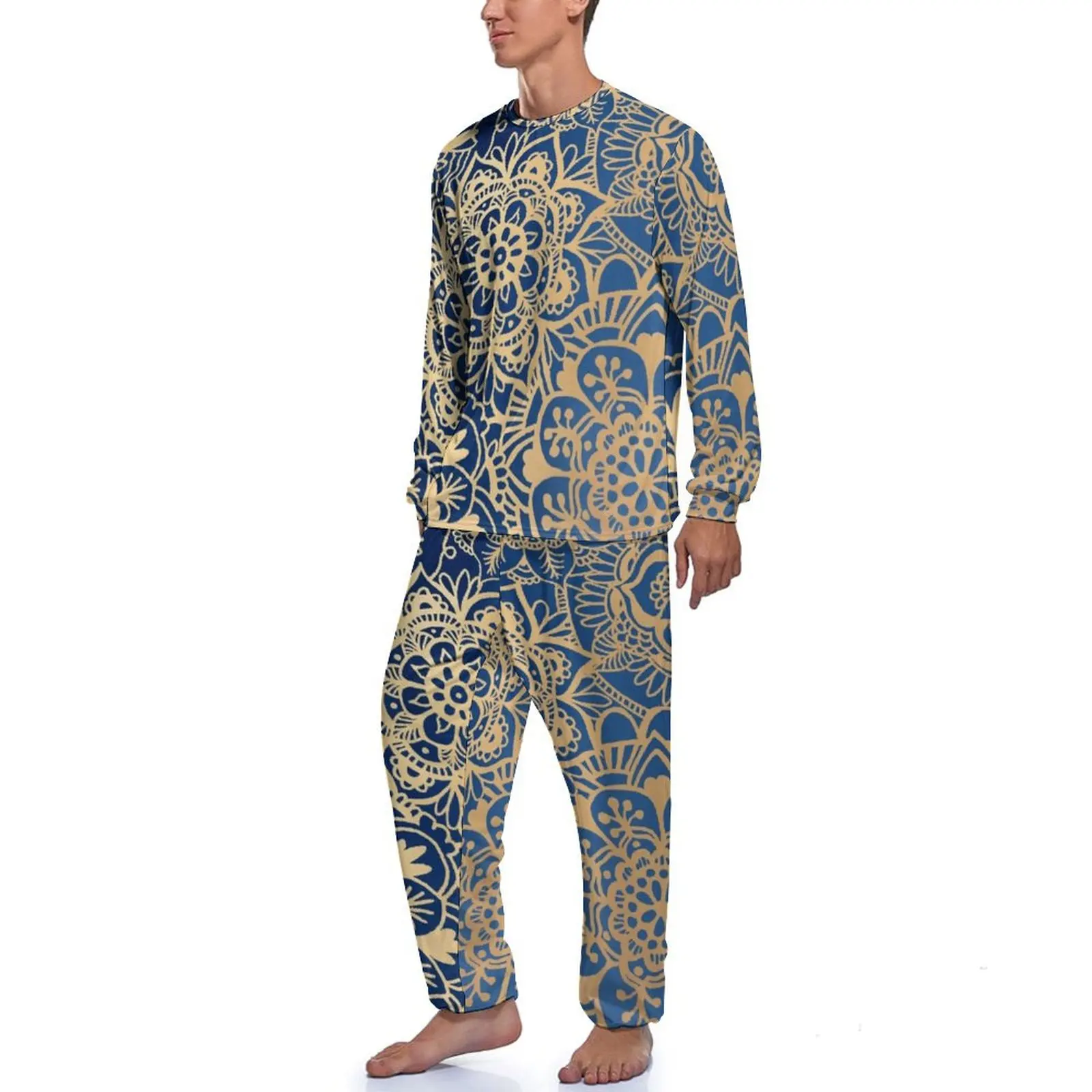 Retro Gold Mandala Pajamas Long-Sleeve Trendy Bohemian Print Two Piece Casual Pajama Sets Autumn Men Graphic Lovely Sleepwear