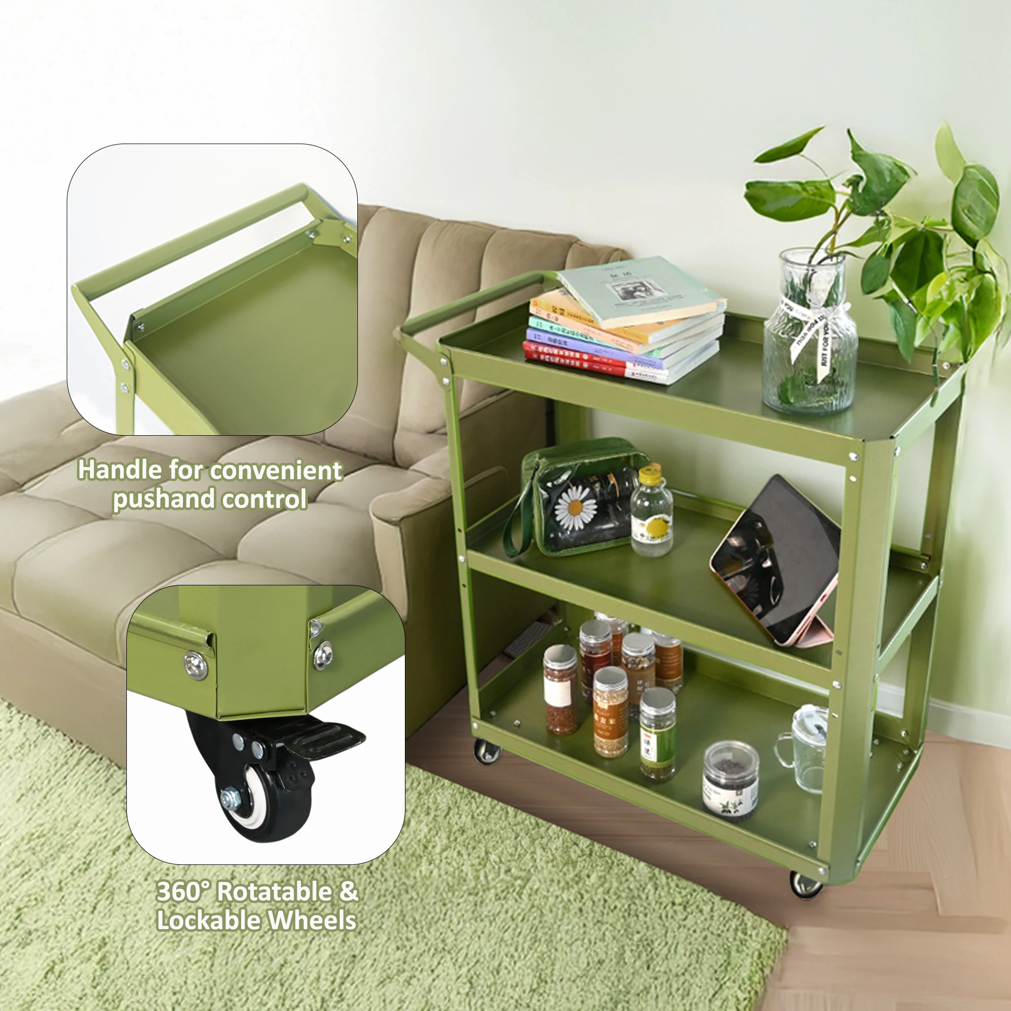 a forStainless Steel 3 Tier Tool Cabinet Heavy Duty Service Trolley Wheels Handle  300kg Load Capacity Commercial