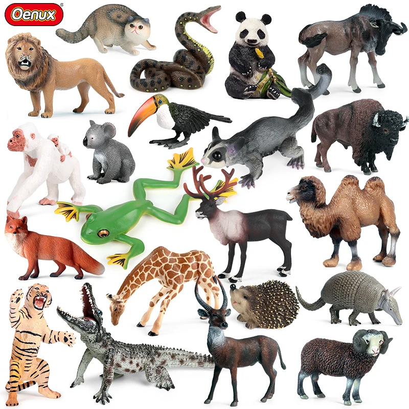 Oenux Zoo Wild Animal Lion Tiger Fox Snake Giraffe Chimpanzees Camel Deer Model Action Figures PVC Educational Cute Toy For Kids