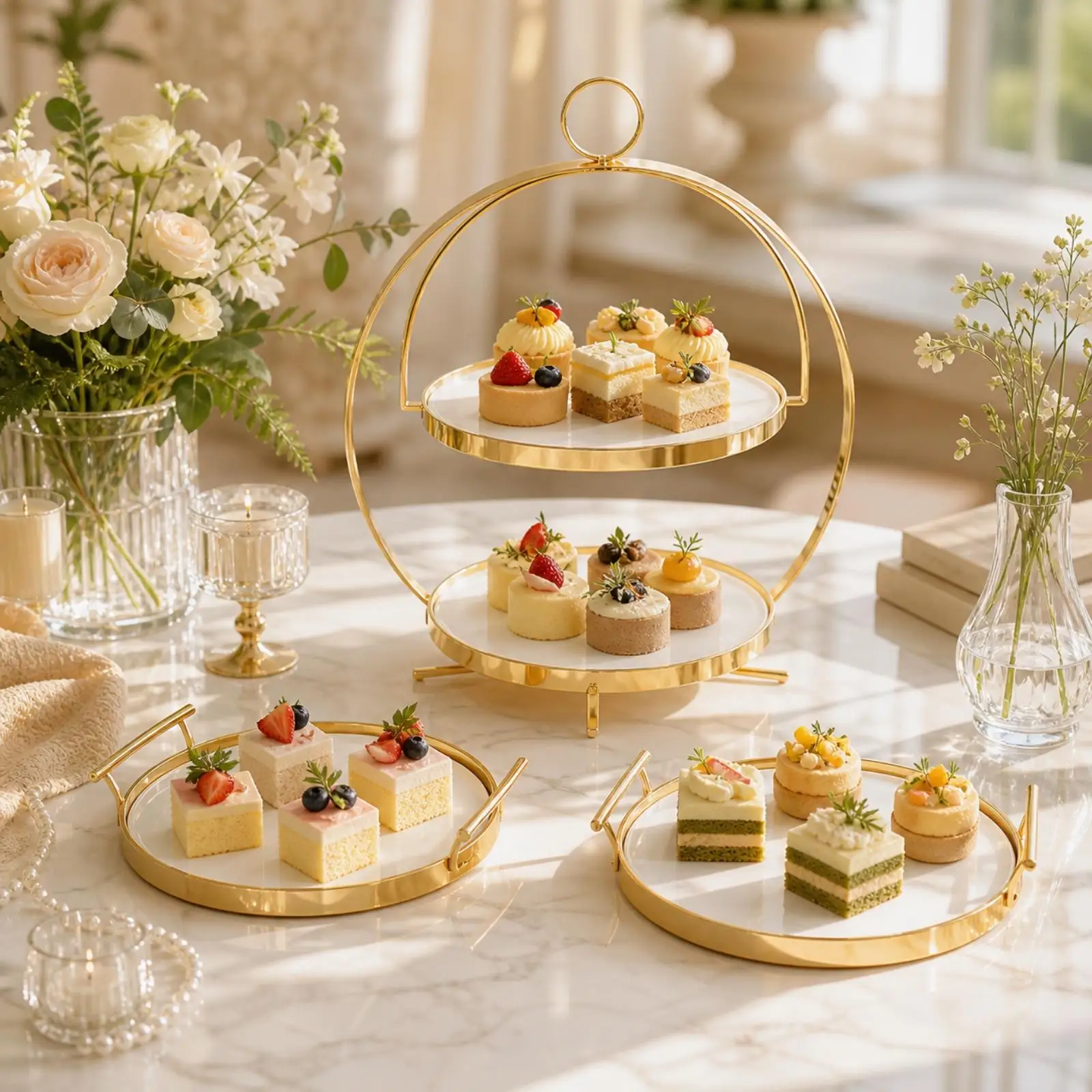 Gold Rimmed Ceramic Dessert Display Stand with Trays for Birthday Cake and Sweet Table