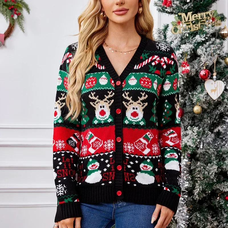 2024 Fall Winter Christmas Printed Knitted Sweaters Cardigans Women Long Sleeve Single Breasted Fashion Casual Coat Streetwear