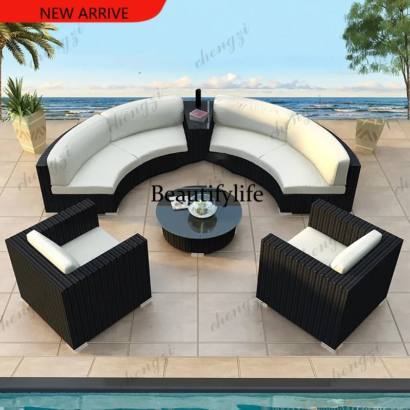 EE182 outdoor semi-circular curved rattan sofa for homestays, hotels, courtyards, leisure, circular circular rattan sofa combina