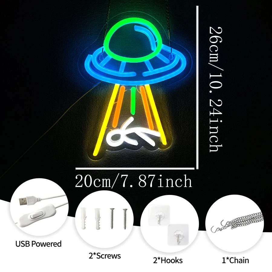 UFO Neon Sign, Spaceship LED Light for Bedroom Game Room Wall Decor Sci-Fi Room Theme, Gift, Bedroom, Playroom, Party Decor, USB