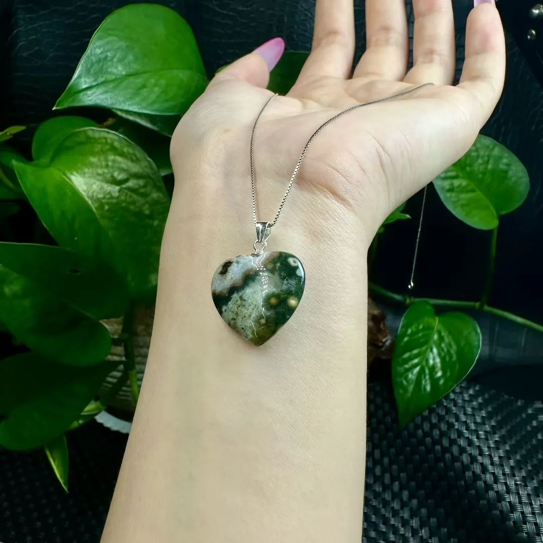 

1 Pc Fengbaowu Natural Ocean Jasper Heart Pendant 925 Sterling Silver Reiki Healing Stone Jewelry Gift Men Women