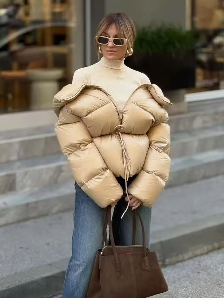 

HH Women Winter Fashion Vintage Stand Collar Waist Cord Cotton Coat Female Temperament High Street Casual Waist Tie Jacket Mujer