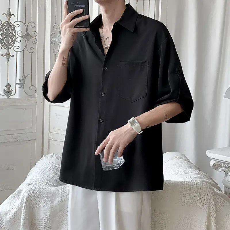 Summer Short Sleeved Shirt Men Fashion Society Mens Black Dress Shirt Korean Loose Casual White Shirt Mens Office Formal Shirts