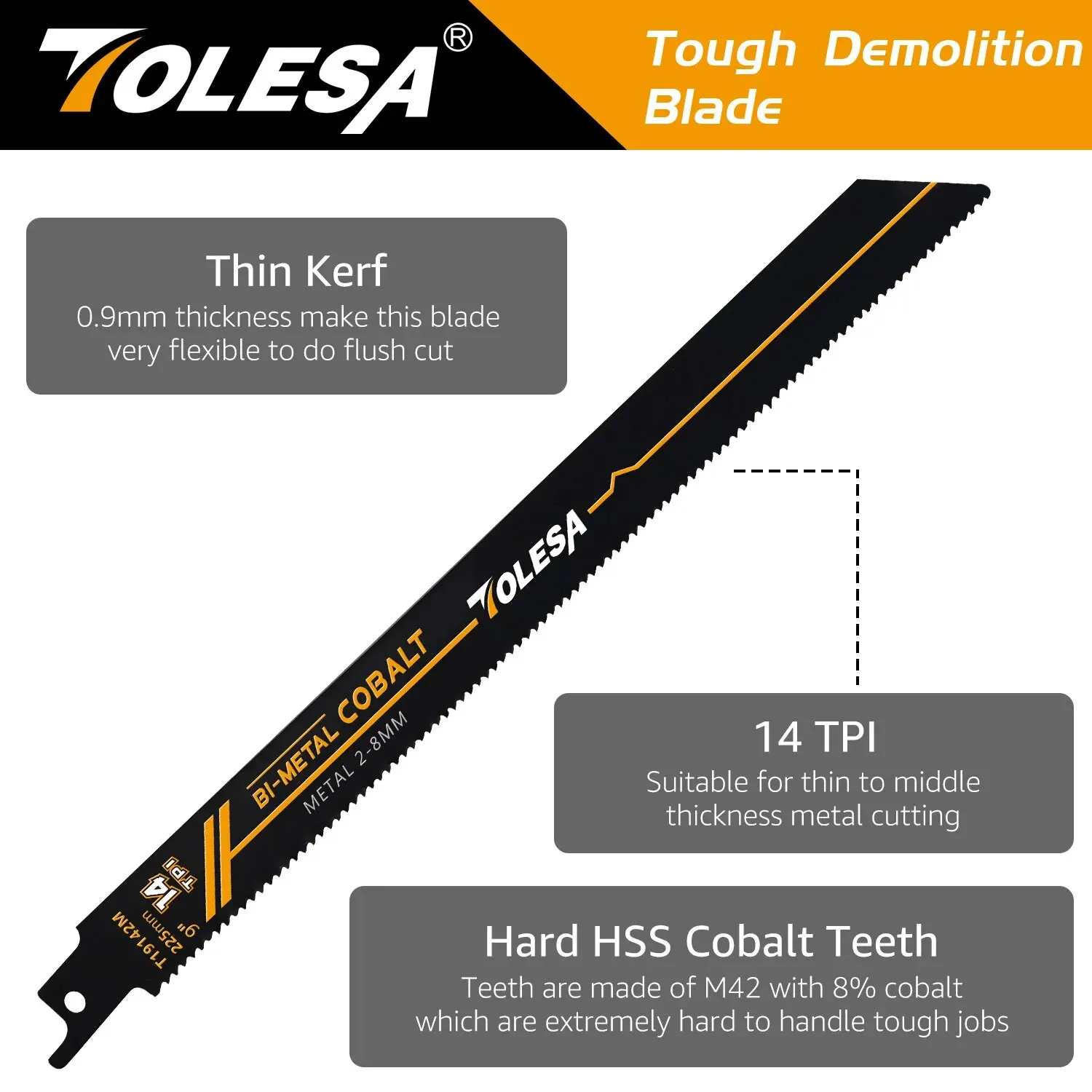 TOLESA 5PCS 225mm Heavy Metal Cutting Reciprocating Saw Blades Bi-Metal Sabre Saw Blades 14TPI for Metal Pipe Sheet Metal Rebar