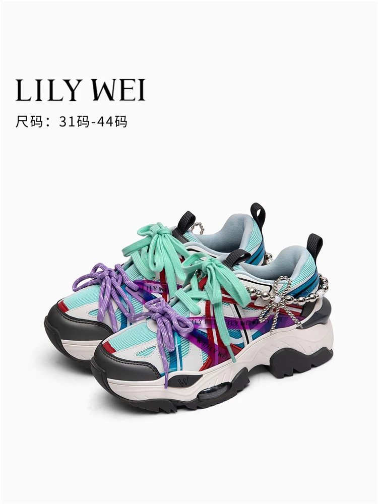 

Spring new leather mesh stitching thick sole high-heeled couple lace-up dad shoes casual large size small size flat women's shoe