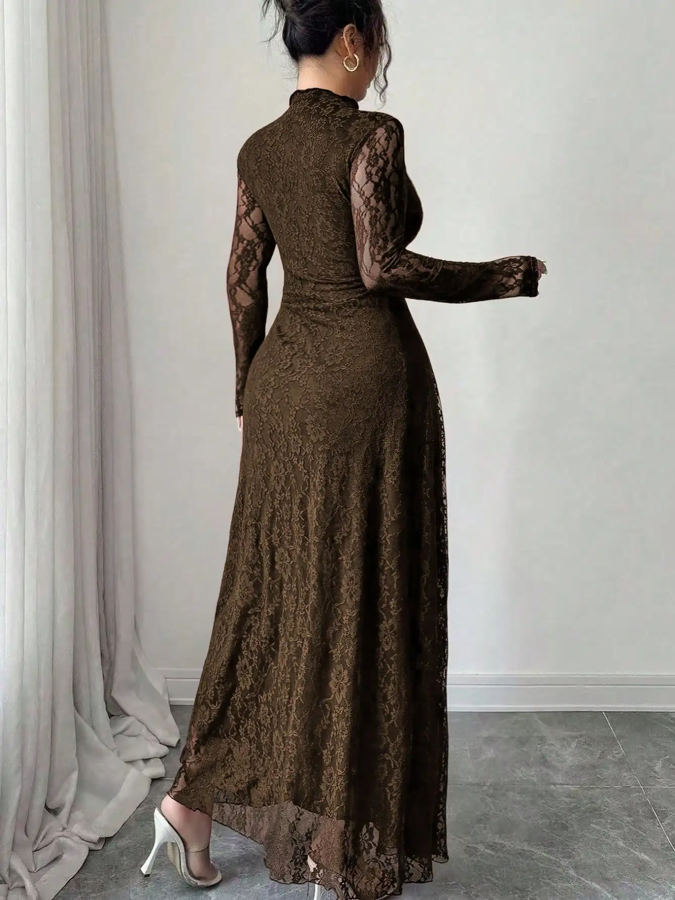 Women Lace Mock Neck Long Sleeve Slim Fit Maxi Dress