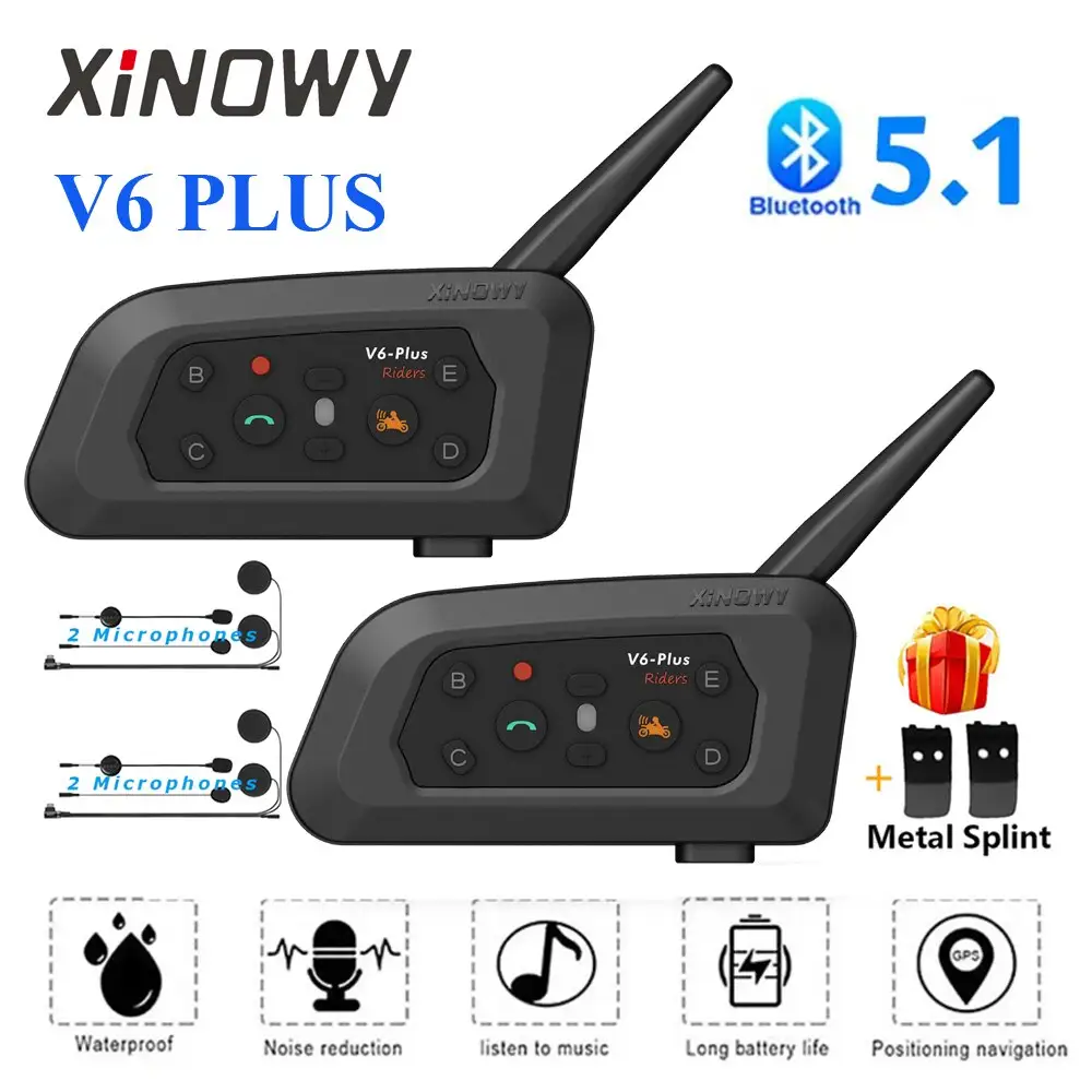 XINOWY V6 Plus Motocicleta Capacete Bluetooth Headset Intercom 1200M Interphone Comunicador Impermeável 6 Cavaleiros