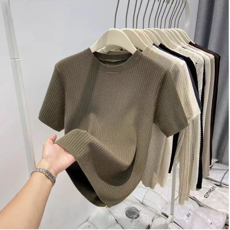 2024 Women's Pullover Round Neck Panel Fashion Solid Color Screw Thread Casual Knit Versatile Slim Fit Short Sleeved Tops