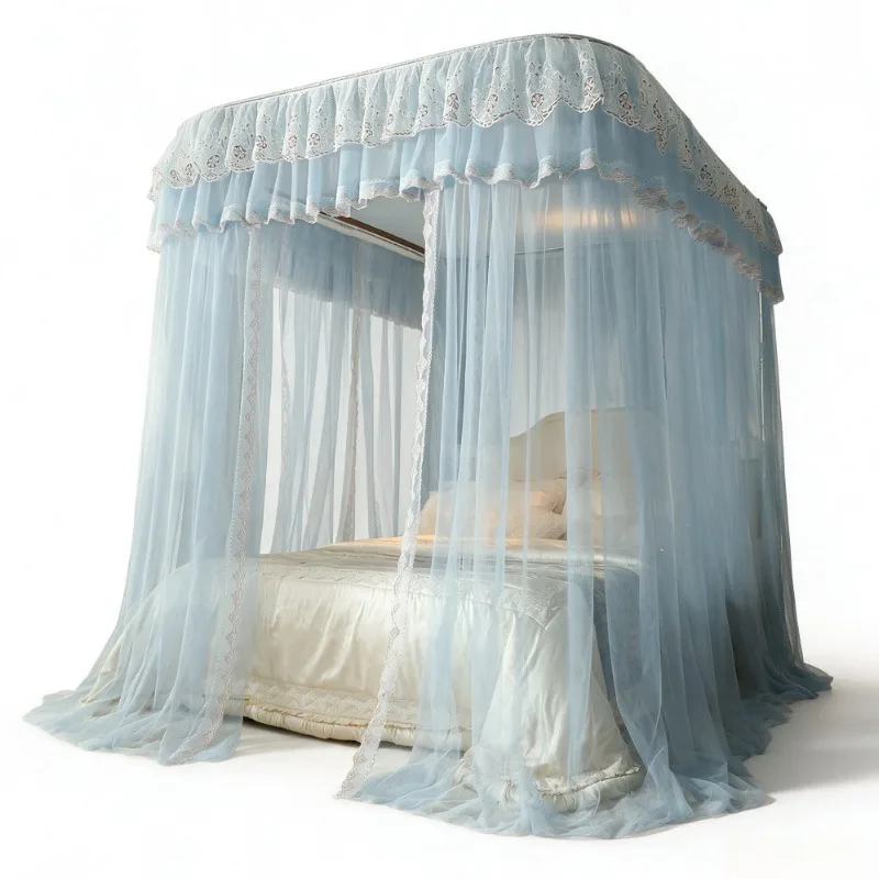 U-Track Sliding Mosquito Net – Blue Lace Trim, Floor Standing, 3-Door Entry, Thickened Mesh,  Easy Install