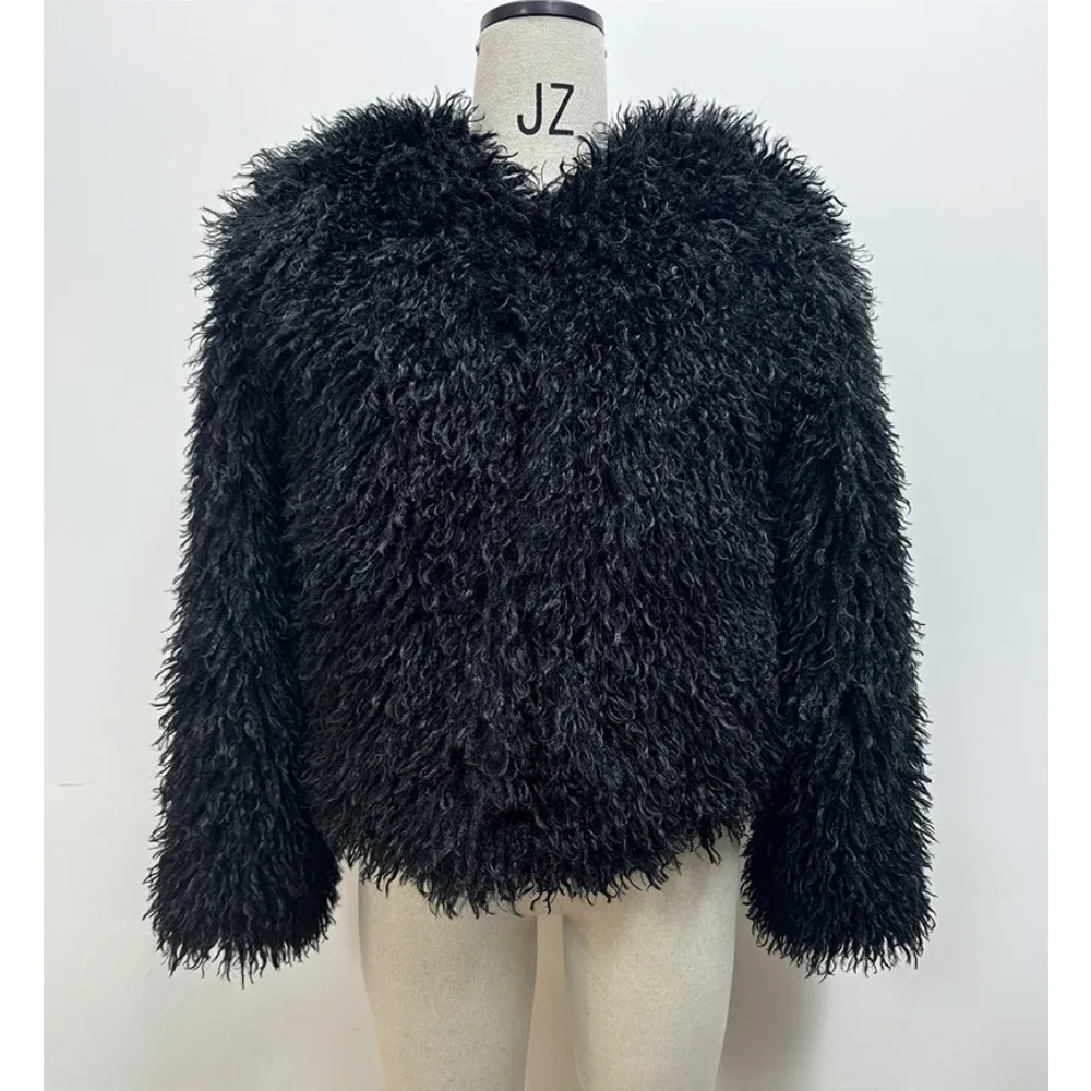 여성용 인조 모피 코트 태슬 장식 솔리드 두꺼운 긴 소매 재킷 캐주얼 따뜻한 가디건 아우터웨어 여성용 퍼리 겨울 스트리트웨어 2025