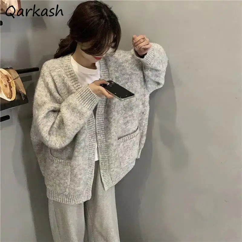 

Cardigan Women V-neck Loose Simple Tender Autumn All-match Cozy Female Casual Vintage Pure Color Classic Basic Sweaters Design