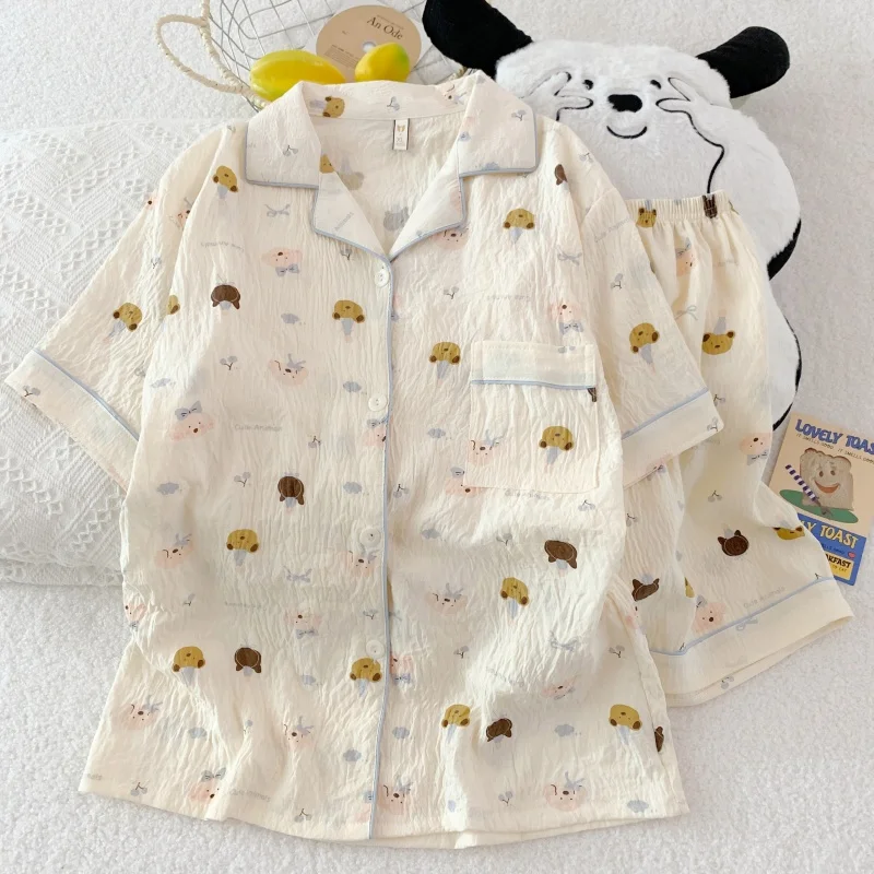 Summer Cloud Cotton ort Sve orts Pajamas Women's Cartoon Cute Girl Open Cardigan Set Home Clothes Soft Comfortable