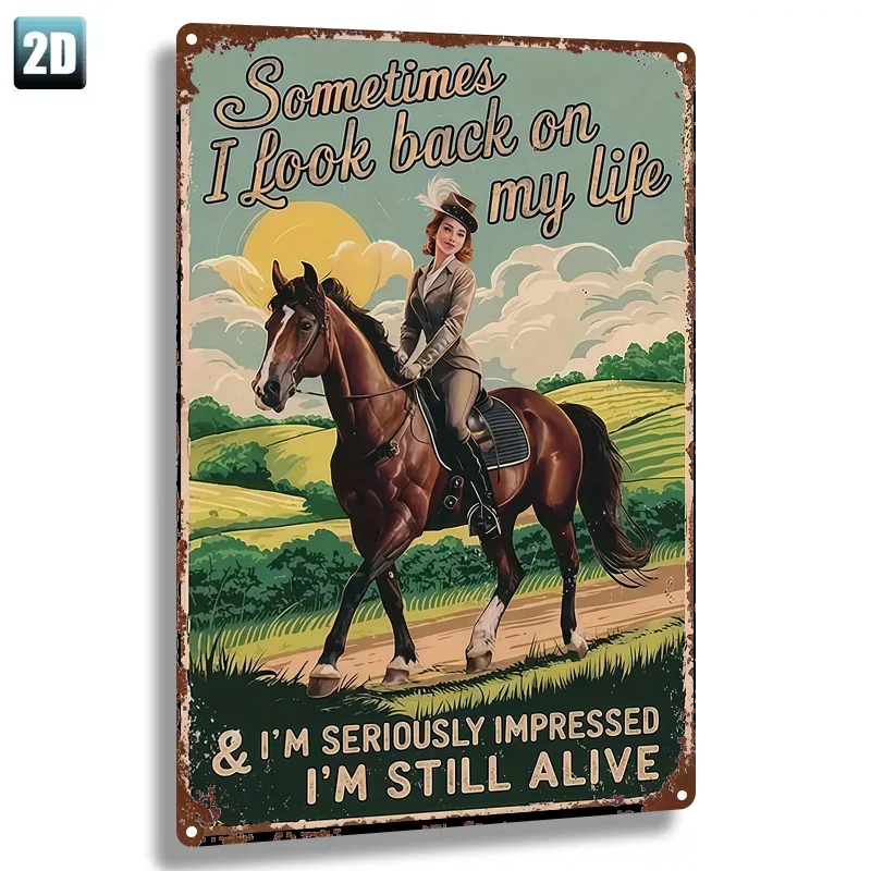 Panneau métallique 2D plat vintage équestre « I'M Still Alive », décoration murale en fer 8"x12"/20×30cm, plaque décorative pour salon et maison.