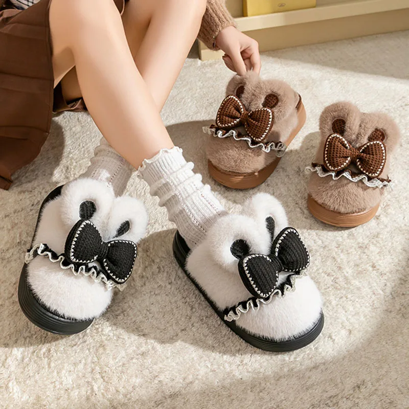 

Cute Rabbit Ears Thick Bottom Furry Slippers Women 2025 Winter Sweet Bowknot Fluffy Fur Indoor Slippers Warm Plush Girl's Slides