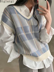 Plaid Vest Women Spring Autumn New Vintage Sleeveless Sweater Korea Casual Ladies Knitted Vest Tops 2023 Woman Sweater Vests