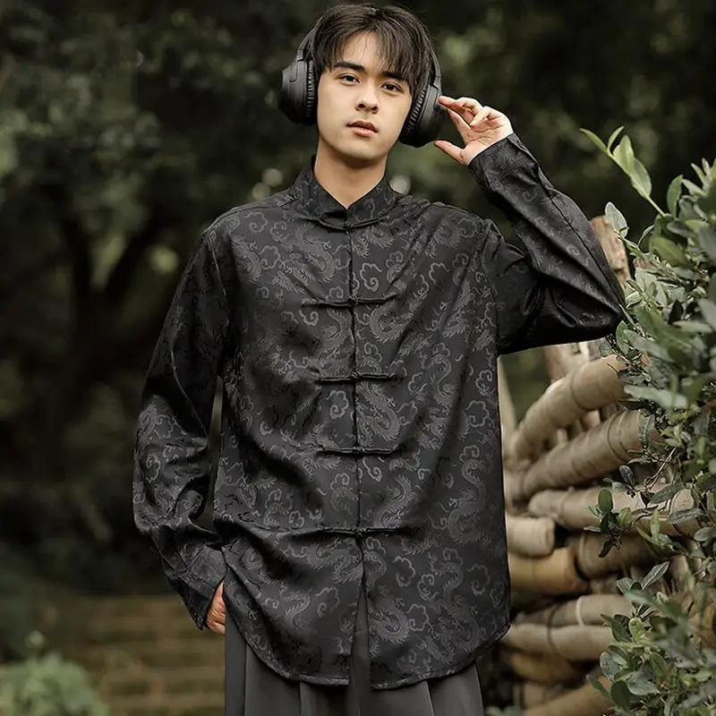 Plus Size 4XL 5XL Men's Shirt Traditional Chinese Clothes Spring Autumn Long Sleeve Tai Chi Satin Tang Suit Tops Oriental Hanfu