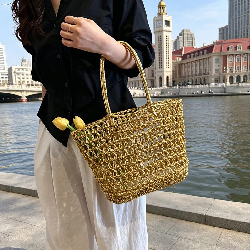 Goldene Hohlgeflechtte Shopper-Markttasche, Damen Casual Chic Strand- und Pendler-Tragetasche, Koreanische Bucket-Handtasche – Detail 10