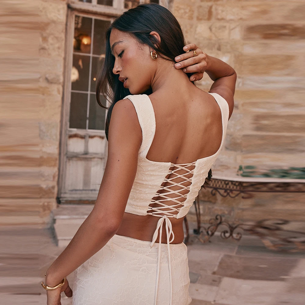 Mingmingxi Summer Lace Up Cropped Top Women 2024 New Arrivals Elegant Sexy Corset Top Short Beige Causal Female Blouse