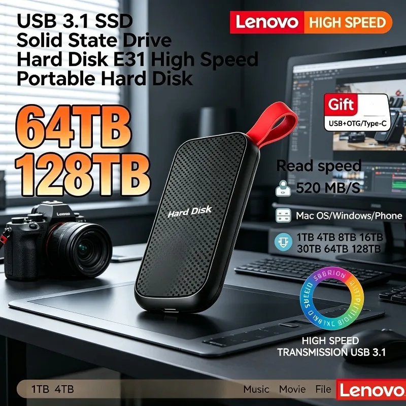 

Внешний портативный жесткий диск Lenovo SSD E31 Mobile USB 3.1 для ноутбуков, PS5, телефонов, игровых консолей, резервного хранения данных, 1 ТБ, 4 ТБ
