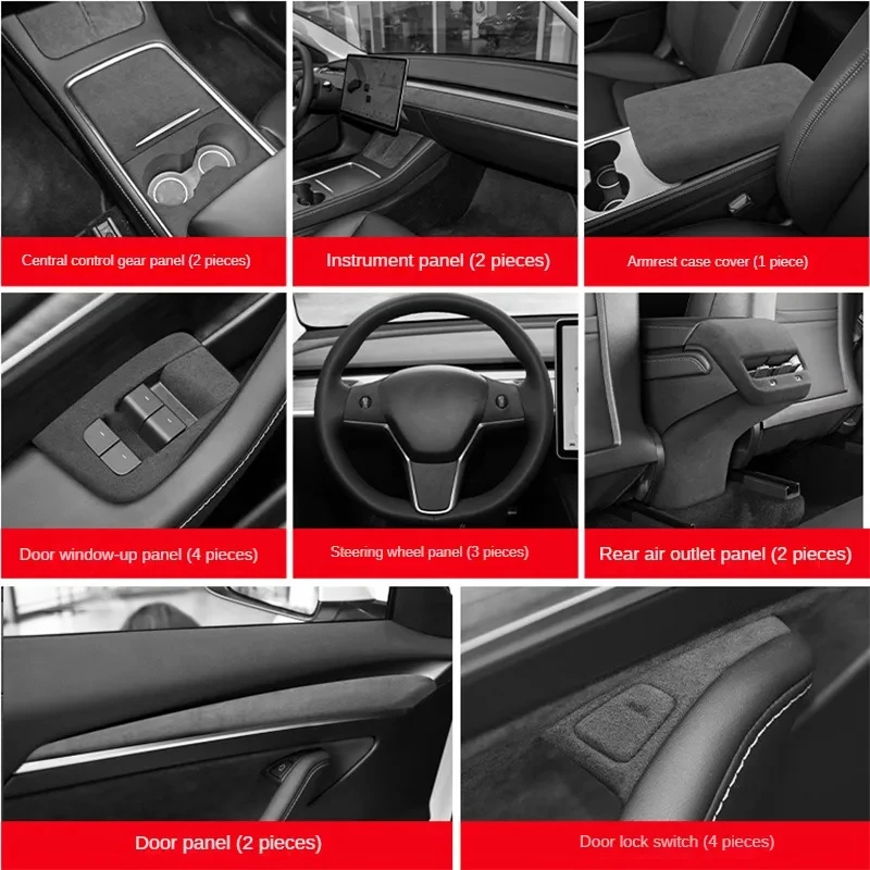 

Suede Interior Dashboard, Door Handle Switch, Centrol Conslole Cup and Armrest Decoration Moulding for Tesla Model 3 Model Y