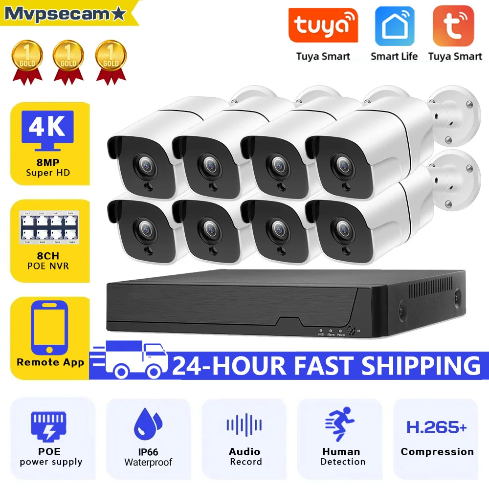 

4K 8MP Ultra HD POE Video Surveillance Tuya APP Cam System 8CH NVR Recorder Security Cameras CCTV Kit Smart Life Home Ip camera