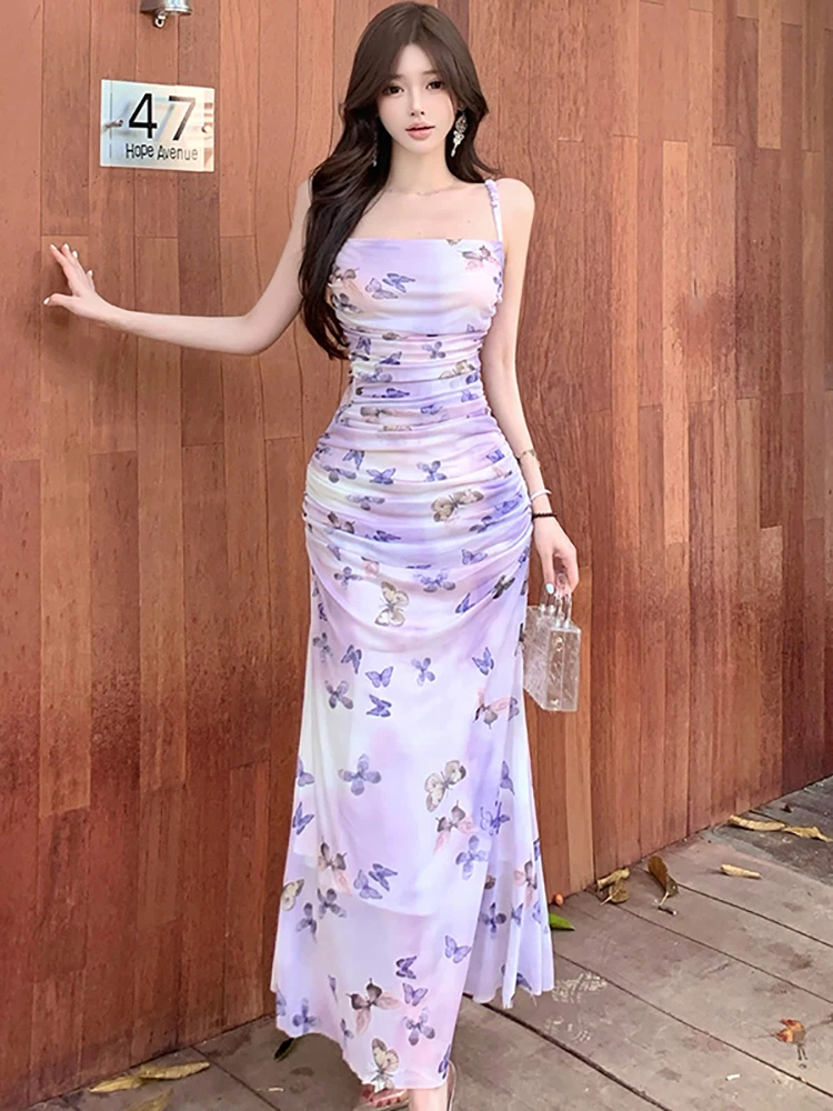 

Summer Purple Print Bufferfly Chic Sling Sexy Long Dress Women Pleated Bodycon Casual Holiday Dress 2025 Korean Elegant Vestidos
