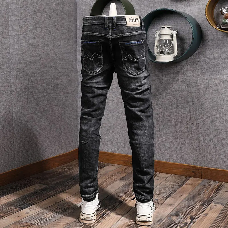 Y2Kfashion trend designer men's jeans retro black gray elastic slim fit corrugated jeans men's straight leg pants retro jea