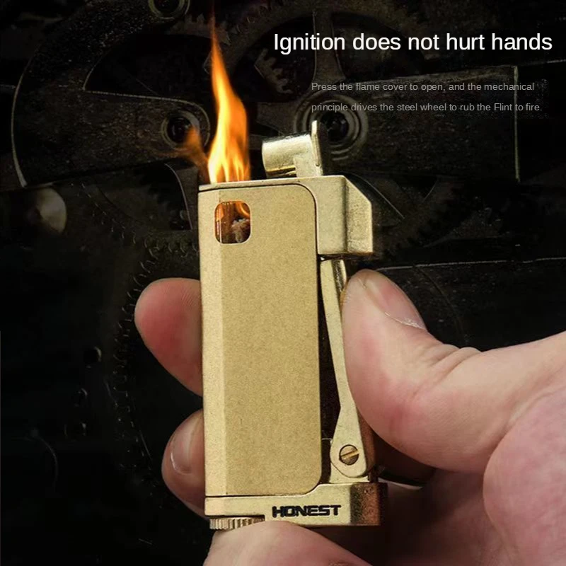 Briquet à kérosène coupe-vent HONEST personnalisé, style vintage rétro, en laiton moleté, avec meule, accessoires et gadgets pour fumeurs